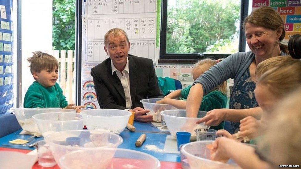 Lib Dem leader Tim Farron at a school in Launceston, Devon