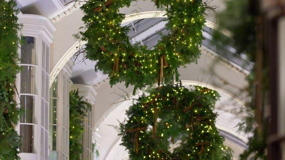 Wreaths hanging inside the Burlington Arcade