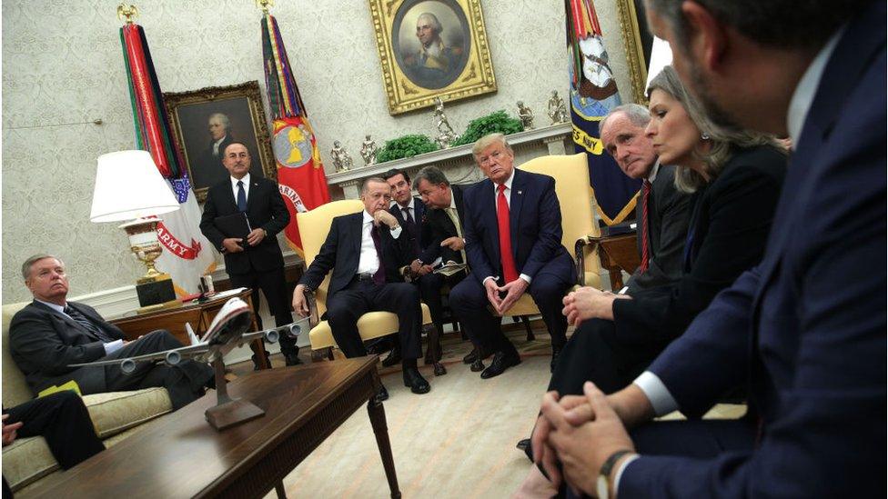 Mr Erdogan (centre left) and Mr Trump (centre right) met with Republican Senators in the Oval Office