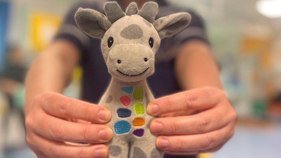 Grey giraffe soft toy with multi-coloured patches on its chest