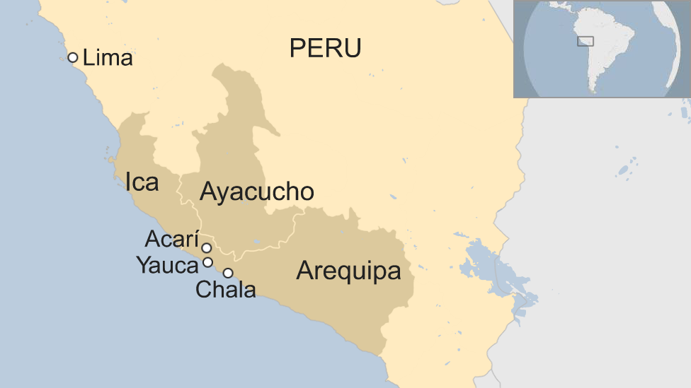 Map of Peru showing the Arequipa, Ica, Ayacucho regions affected by the 14 January 2018 earthquake.