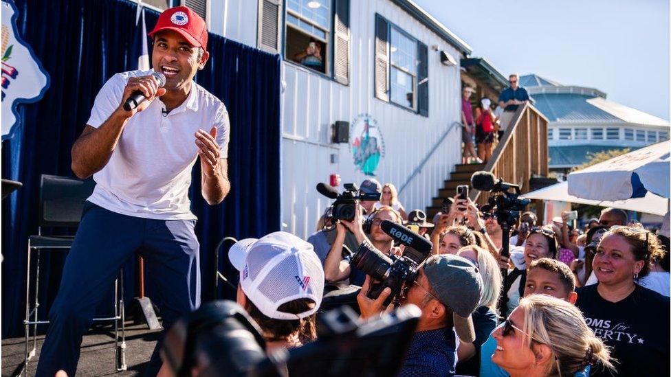 Mr Ramaswamy seen rapping at the Iowa State Fair