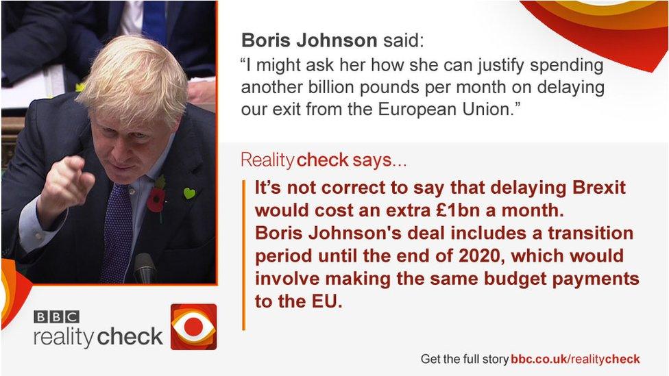 Boris Johnson said: I might ask her how she can justify spending another billion pounds per month on delaying our exit from the European Union. Reality Check says: It's not correct to say that delaying Brexit would cost an extra £1bn a month.