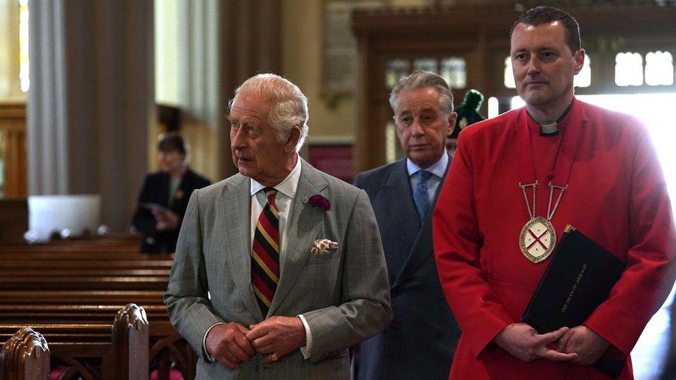 King Charles III (left) with Dean of Armagh, the Very Revd Shane Forster, during his visit to St Patrick's Cathedral in Armagh