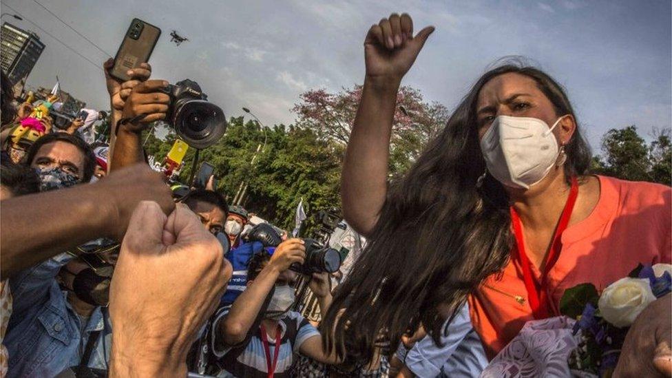 The presidential candidate of Together for Peru, Veronika Mendoza, greets the crowd during a meeting with young people, in Lima, Peru, on 06 April 2021 (issued 07 April 2021).