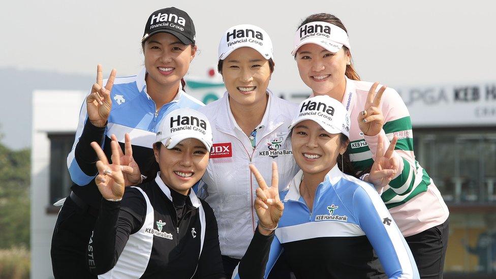 South Korean golfers pose during a photo call ahead of the LPGA tour