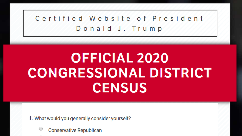 A screenshot from the Donald Trump website reading "Official 2020 Congressional District Census"