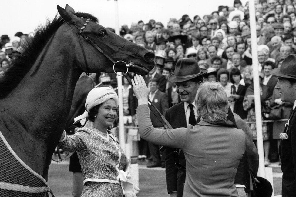 The Queen with her horse Highclere at Epsom on 31 July 1974