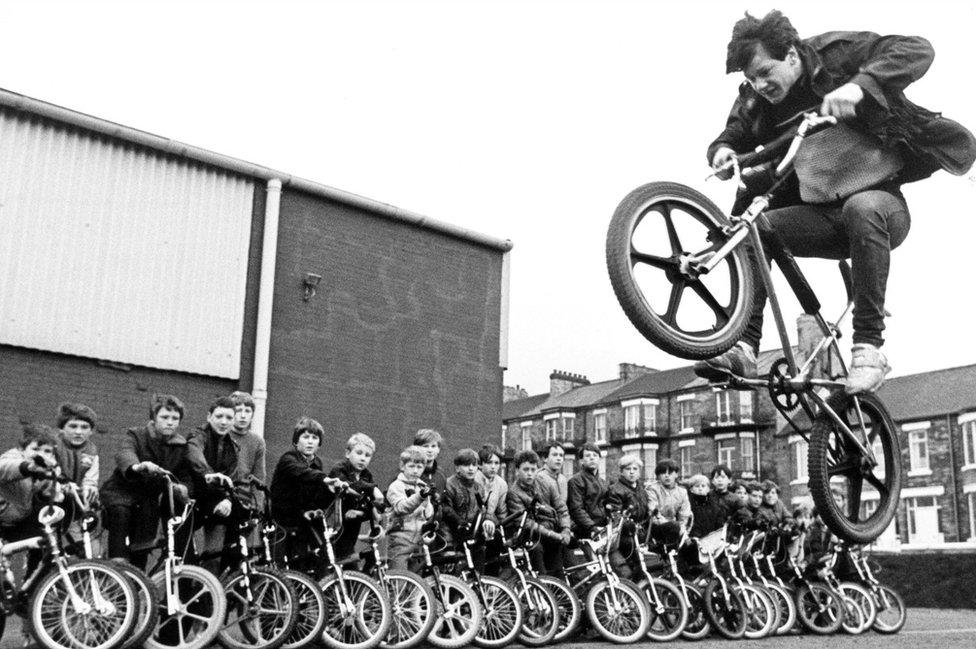 Martin Brunning in action on a BMX, 29 December 1983. The bikers handed a 100 name petition to local councillors calling for a BMX track to be built in Redcar