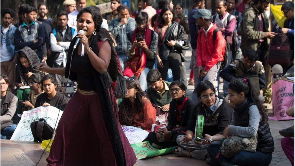 Devangana Kalita at a Pinjra Tod protest