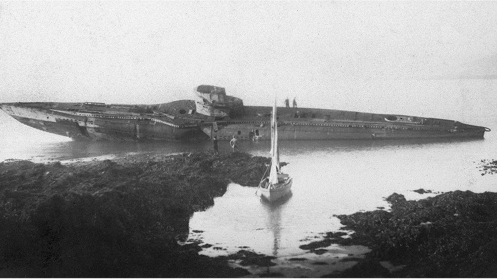 German U-boat on a beach in Falmouth