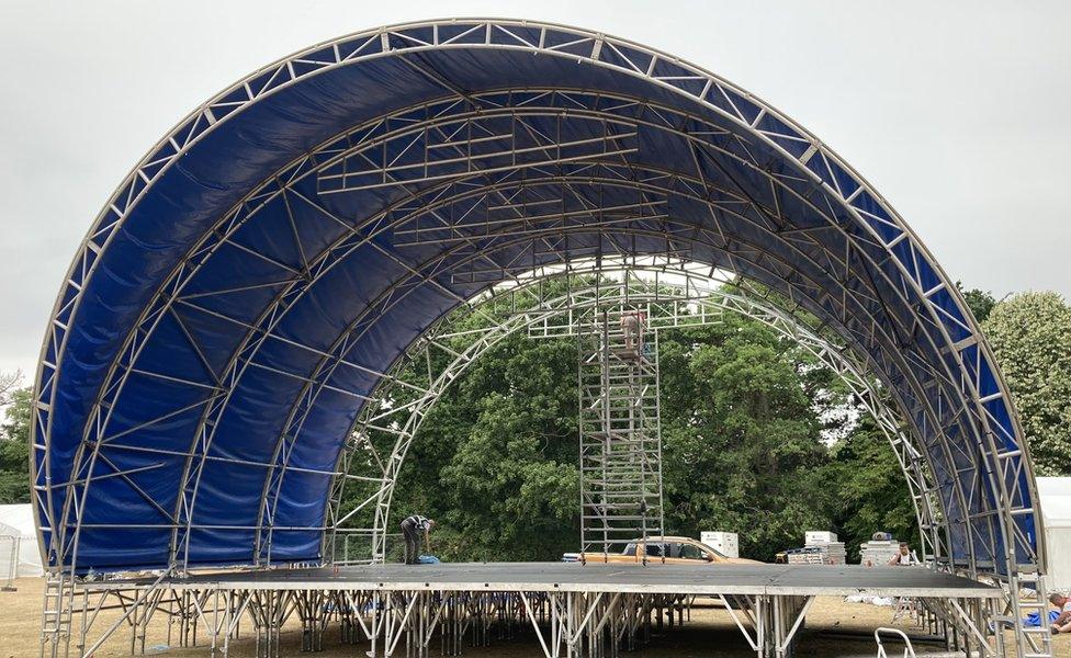 A stage being set in Russell Park