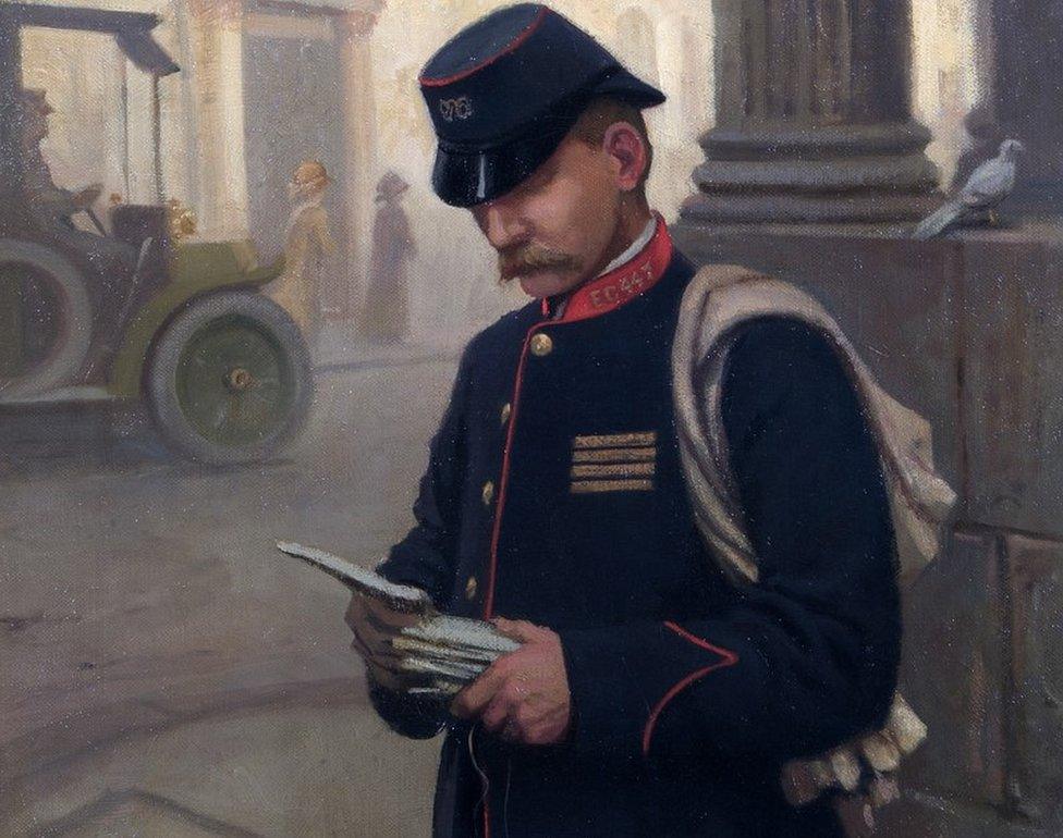 1911 painting of postman in City of London