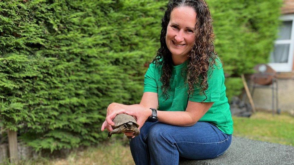 Cathryn with runaway tortoise Tommy