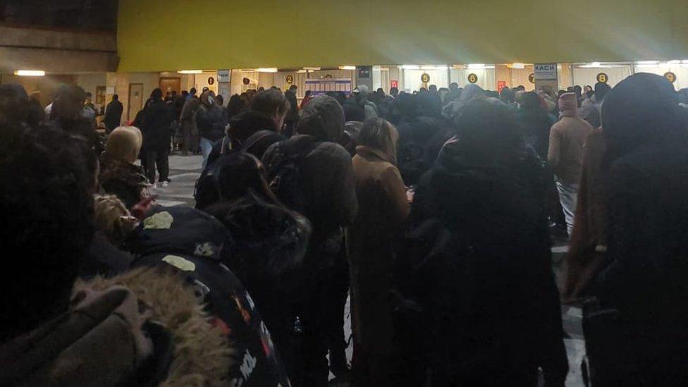 People from the Ukraine in a packed railway station