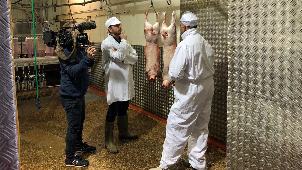 Butcher Neil James being interviewed by the BBC at his abattoir in Monmouthshire