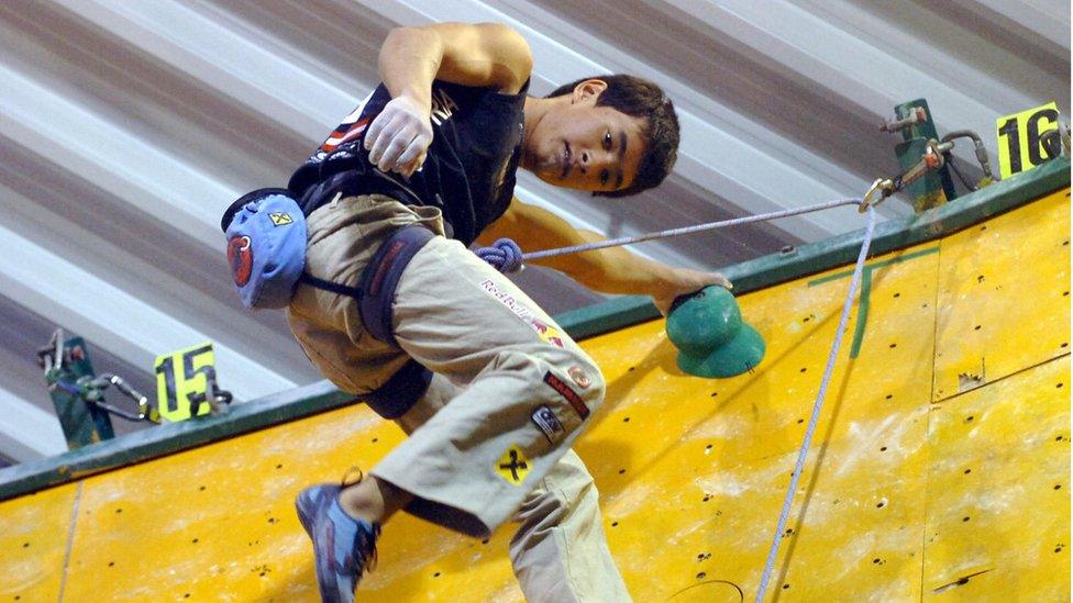 Austrian David Lama climbs during the first leg the UIAA Climbing world cup 2006