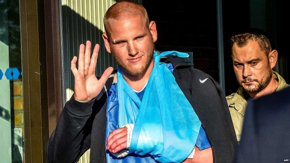 Spencer Stone leaves the Lesquin hospital after treatment, 22 Aug