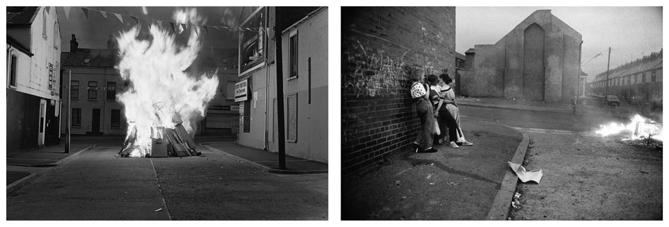 Black and white composite photo of a large fire in a street, next to an image of a group of children in a street