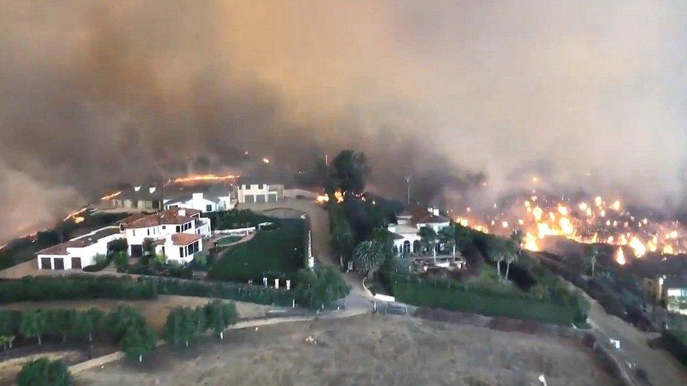 An aerial view showing the Woolsey Fire in Malibu, California, on November 9, 2018