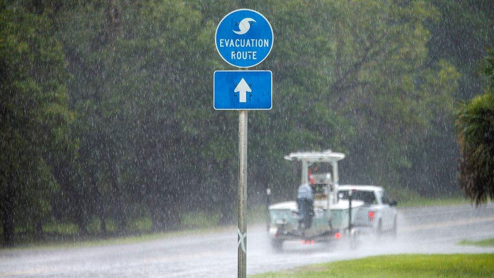 People head out of Steinhatchee in advance of the arrival of storm Elsa on July 6, 2021 in Steinhatchee, Florida