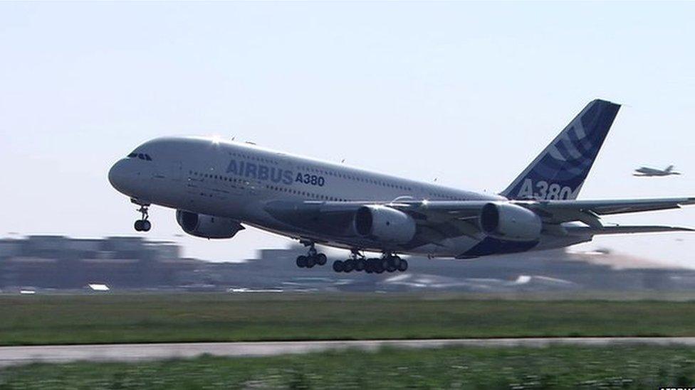 An Airbus A380 taking off on its first test flight