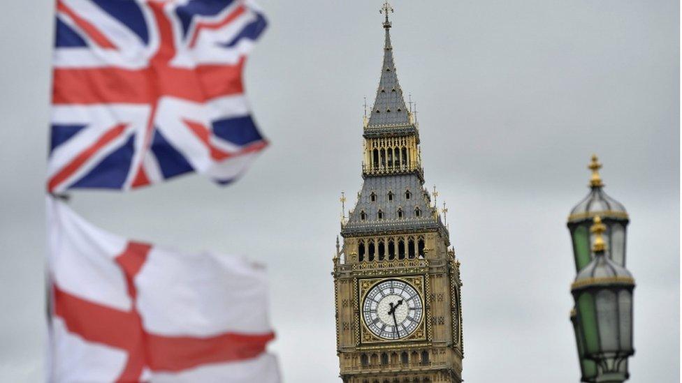 A British Union flag, commonly known as a Union Jack, and an England flag fly in front of Big Ben, in London