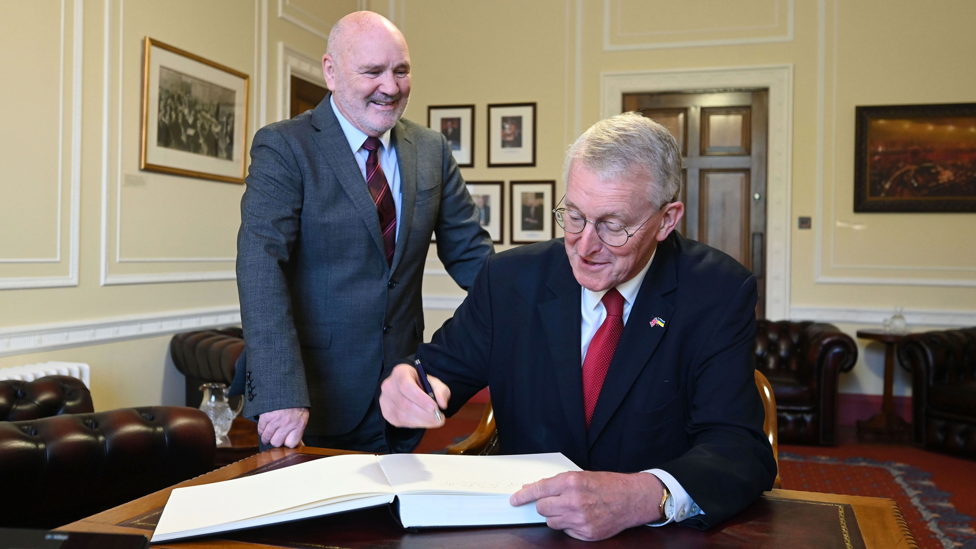 Hilary Benn welcomed to Stormont's Parliament Buildings by Assembly Speaker Alex Maskey