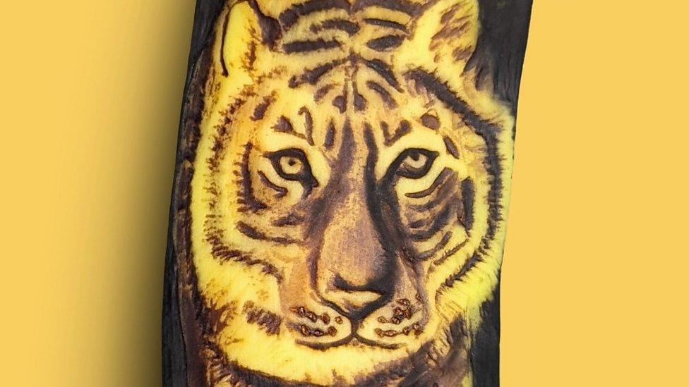 A banana turned into an image of a tiger