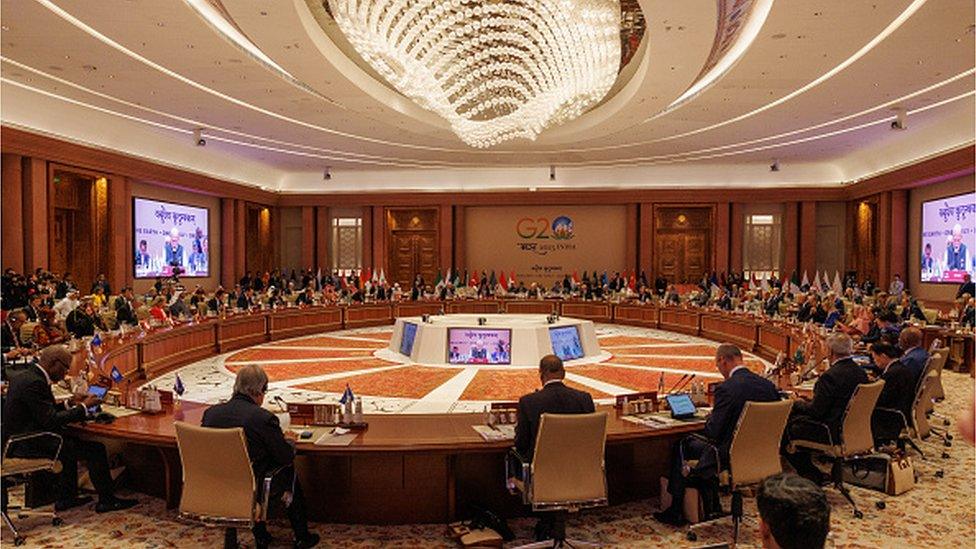 Prime Minister Narendra Modi of India welcomes leaders during opening session of the G20 Leaders' Summit on September 9, 2023 in New Delhi, Delhi.