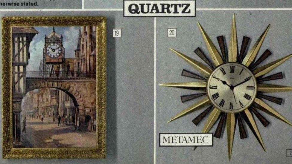 A tiny wall clock mounted on a large picture of Roman architecture in the city of Chester