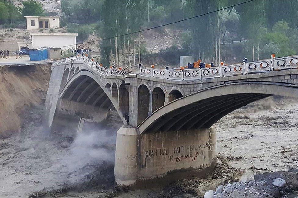 A bridge damaged by a glacial lake outburst