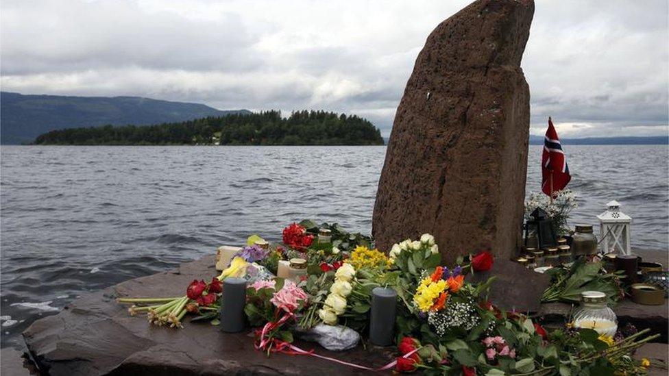 Flowers on memorial at Utoya Island