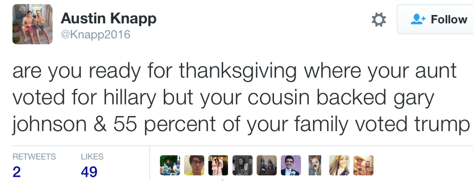 Tweet: are you ready for thanksgiving where your aunt voted for hillary but your cousin backed gary johnson & 55 percent of your family voted trump