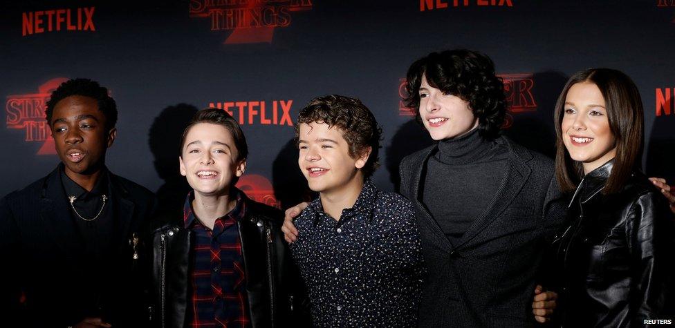 Caleb McLaughlin, Noah Schnapp, Gaten Matarazzo, Finn Wolfhard and Millie Bobby Brown from Stranger Things