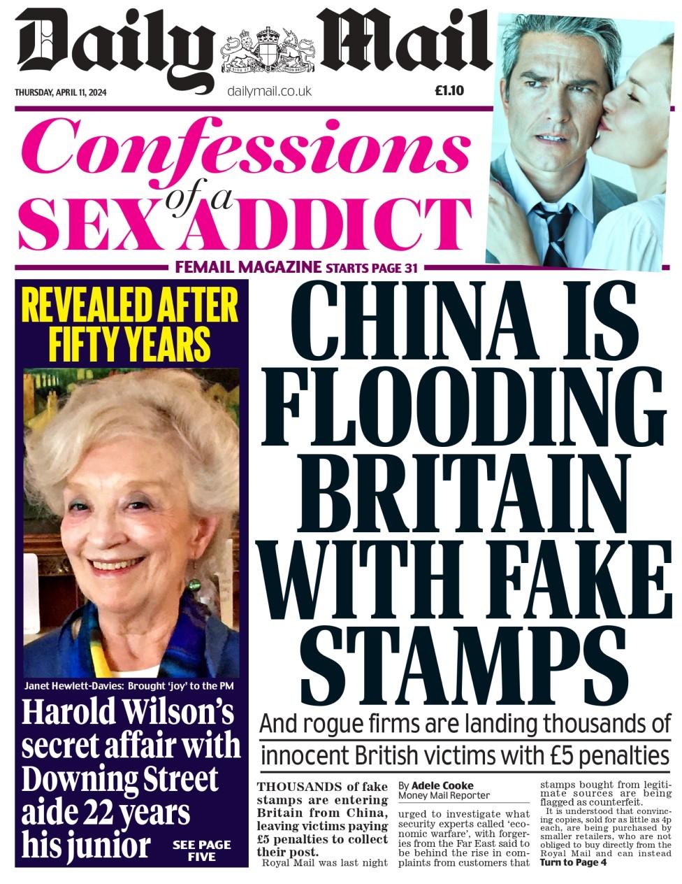 The headline in the Daily Mail reads: China is flooding Britain with fake stamps