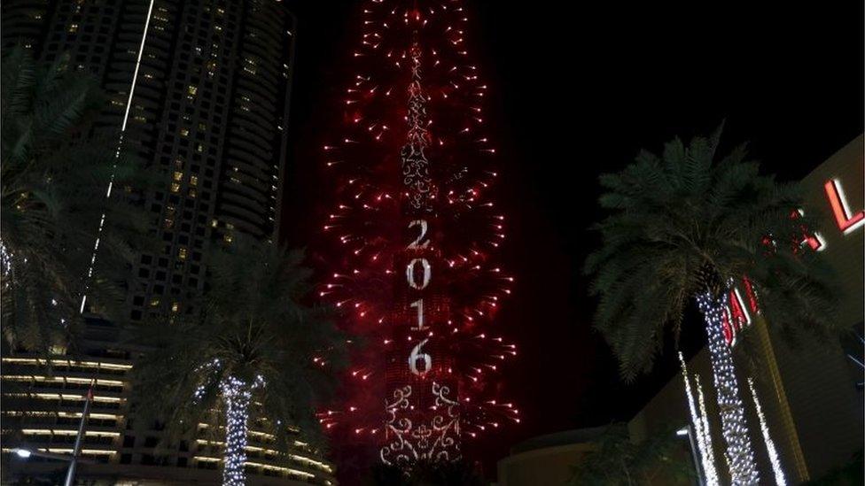 Fireworks explode over Dubai's Burj Khalifa, the tallest building in the world, during New Year celebrations January 1, 2016