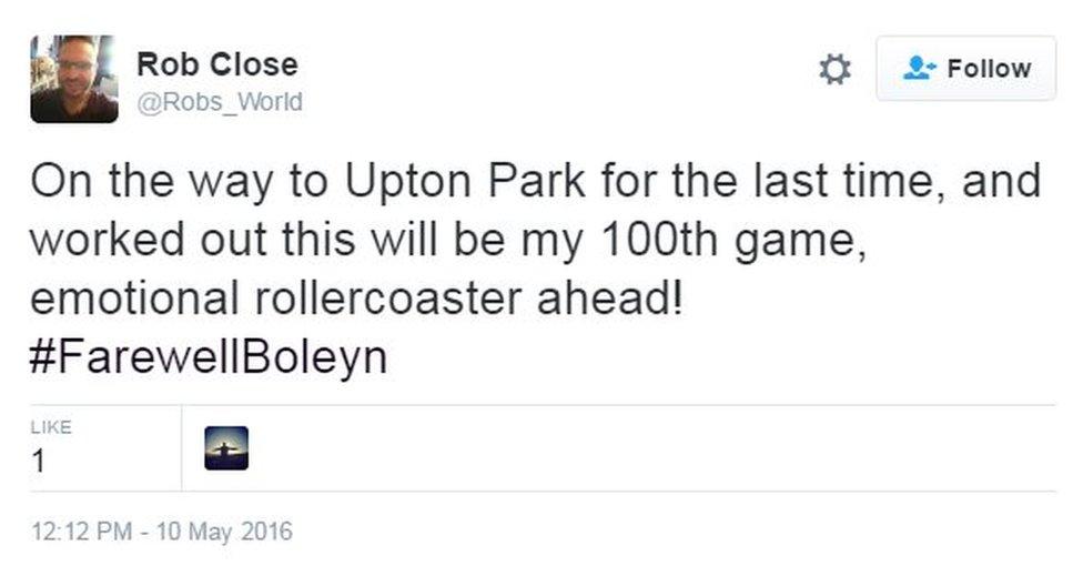 Tweet: On the way to Upton Park for the last time, and worked out this will be my 100th game, emotional rollercoaster ahead! #FarewellBoleyn