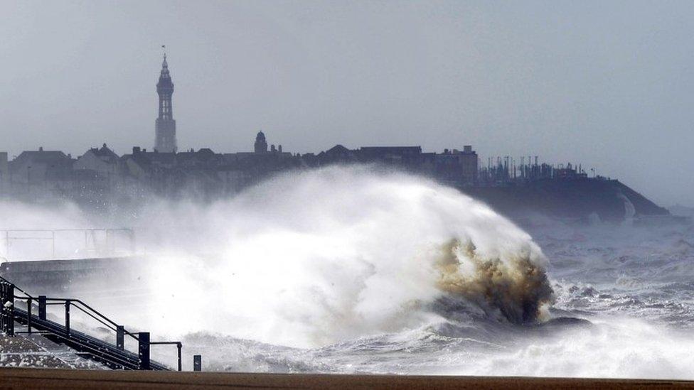 Large waves hit the seafront at Blackpool, with the famous Blackpool Tower, as the remnants of Hurricane Gonzalo blew into Britain, causing rush-hour travel misery for road, rail and air travellers. October 2014.