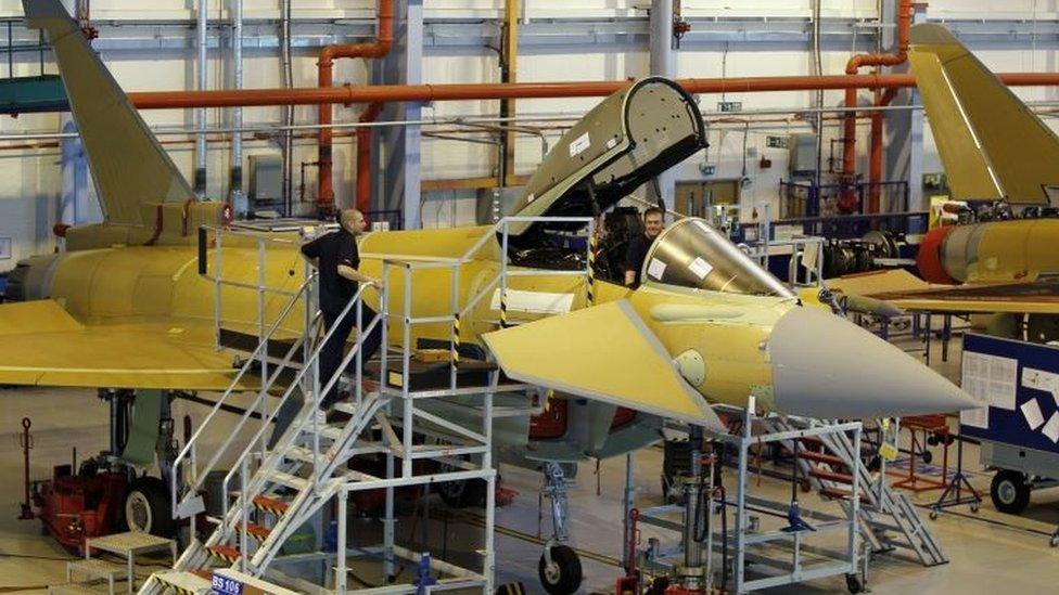 Employees at work on a Eurofighter Typhoon at BAE Systems, Warton Aerodrome in 2012