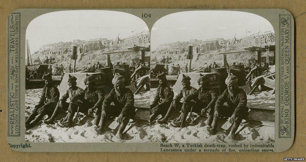 Stereoscopic image of Indian troops on W Beach on Cape Helles, where stores are being unloaded during the Gallipoli Campaign, Gallipoli peninsula