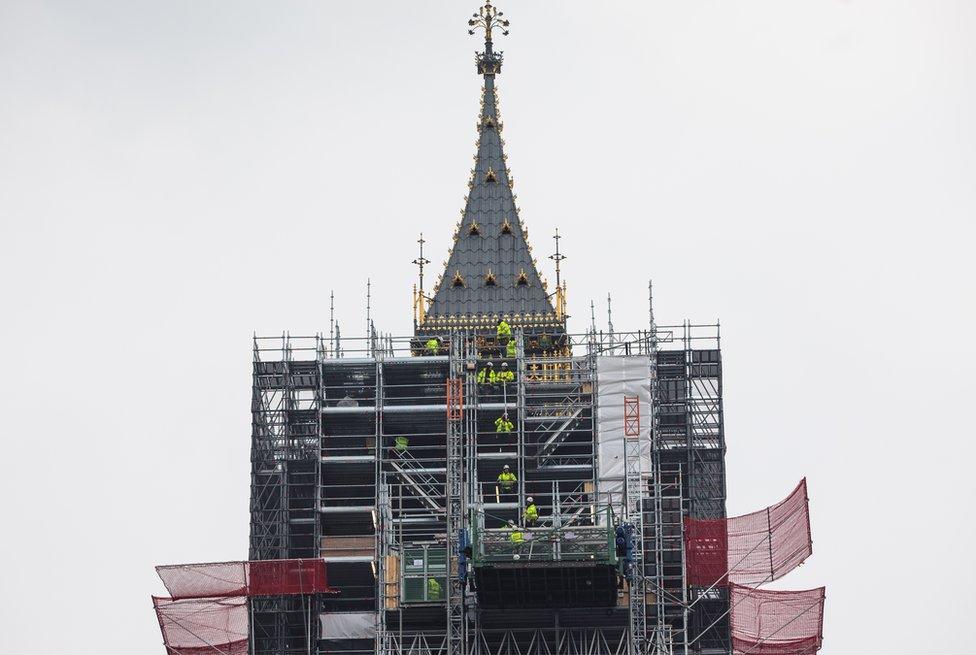 Work men move scaffolding on the Elizabeth Tower commonly known as Big Ben