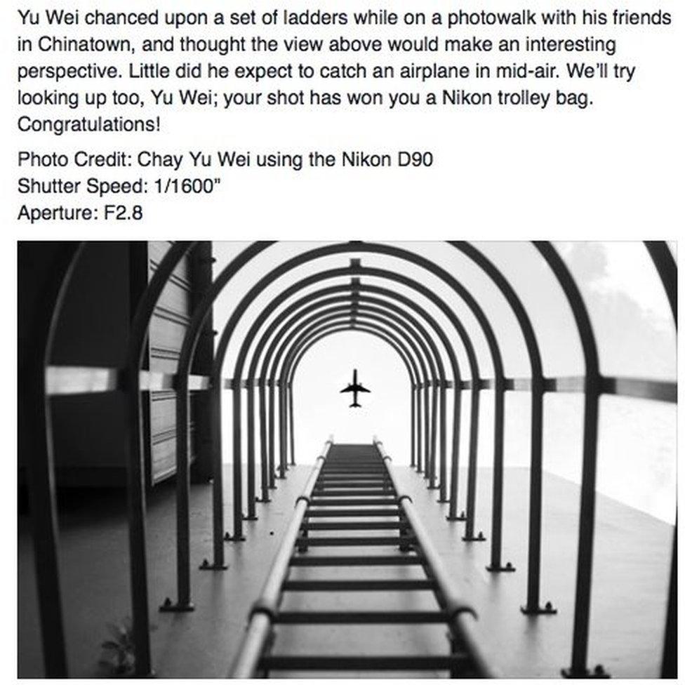 Yu Wei chanced upon a set of ladders while on a photowalk with his friends in Chinatown, and thought the view above would make an interesting perspective. Little did he expect to catch a plane in mid-air. We'll try looking up too, Yu Wei. Your shot has won you a Nikon trolley bag.