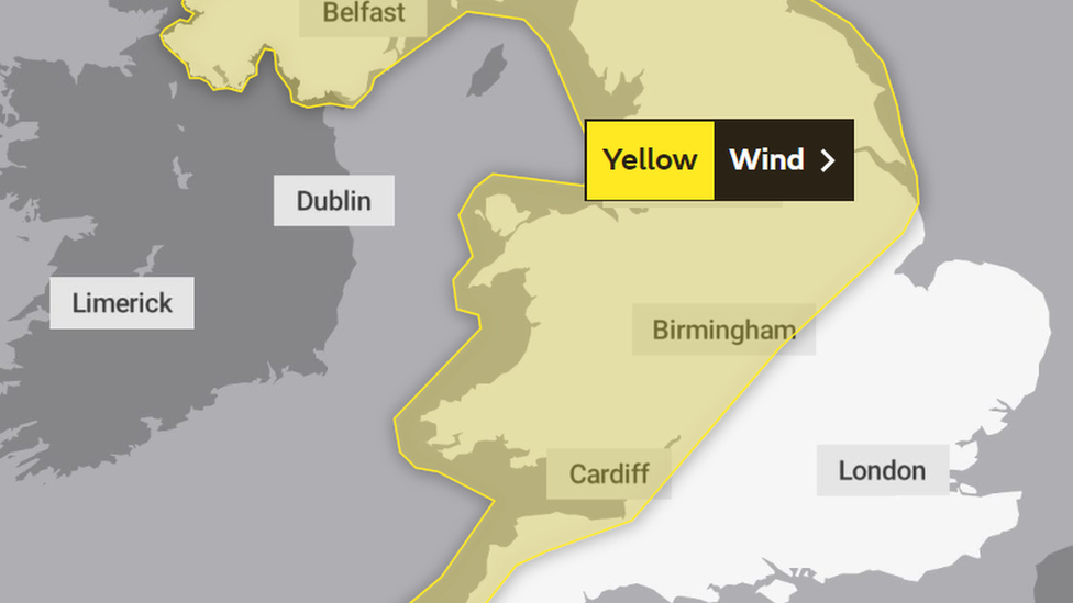 Met office map showing wind warning area