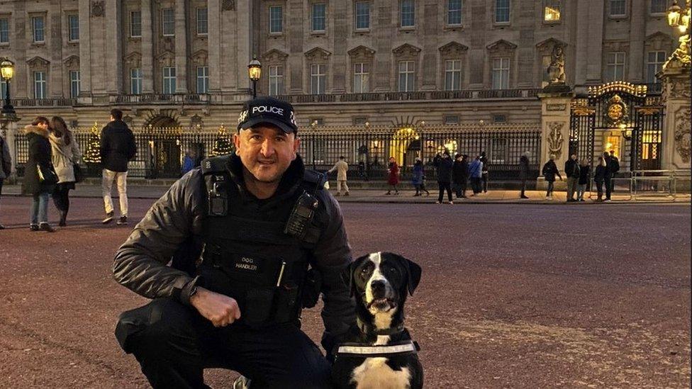 PC Fairman and police dog Bandit outside Buckingham Palace