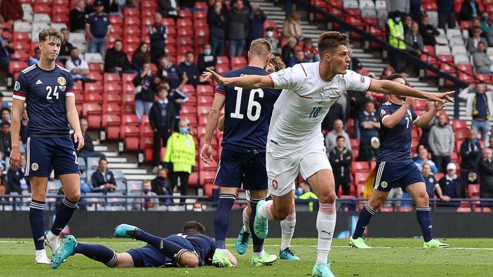 Czech Republic's forward Patrik Schick celebrates his goal against scotland