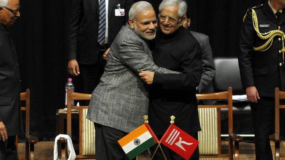 Prime Minister Narendra Modi with Mufti Mohammed Sayeed at his swearing-in ceremony in Jammu in 2015