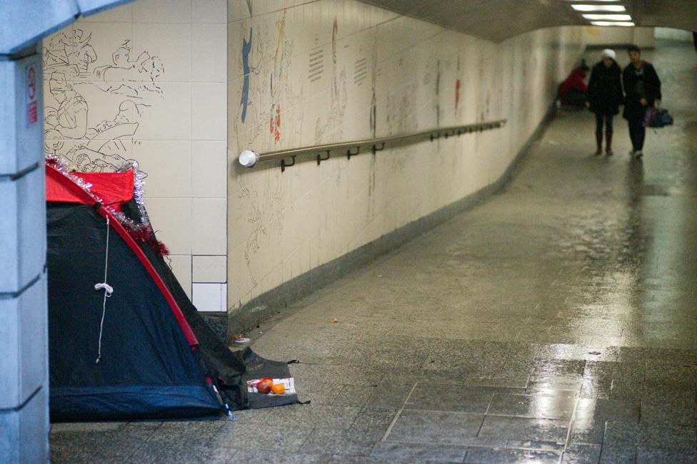 Tent pitched up in an underground tunnel, London