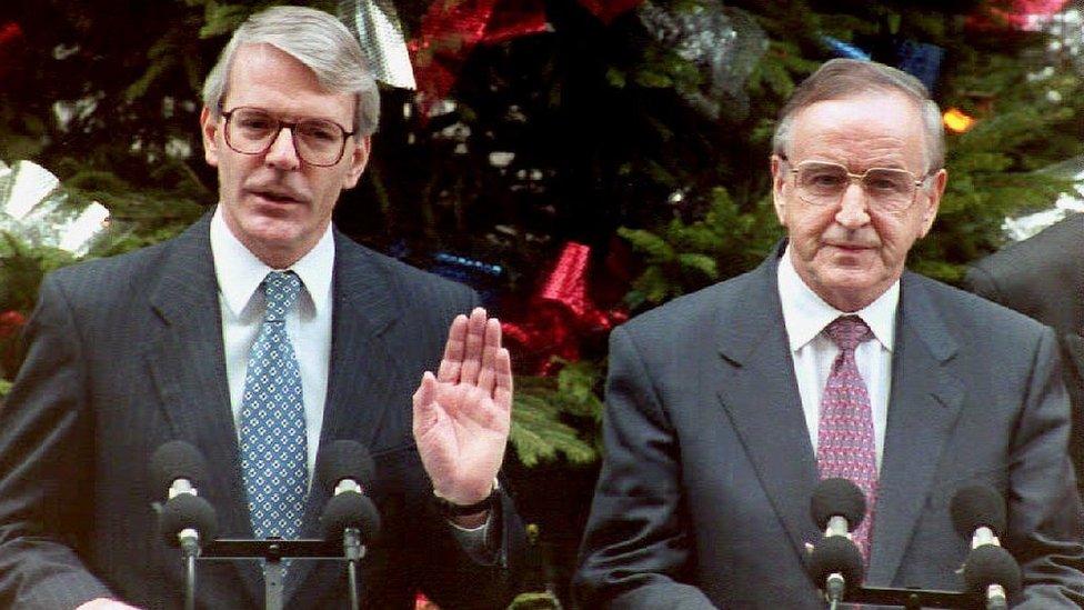 John Major and Albert Reynolds outside Downing Street in December 1993