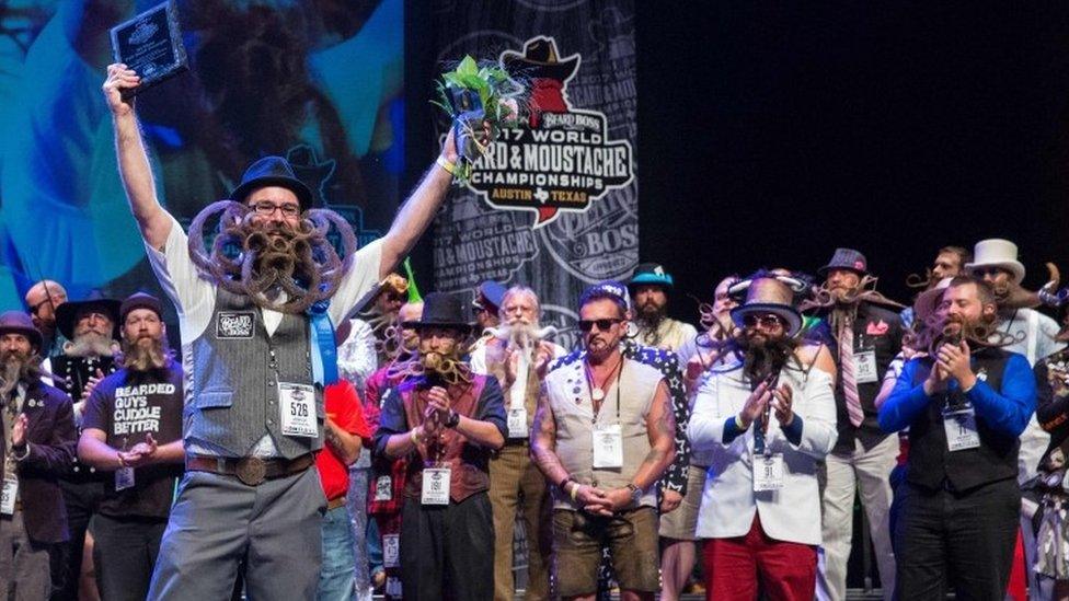 First place winner of the Full Beard freestyle, Jason Kiley, at the 2017 Remington Beard Boss World Beard ^ Moustache Championships held at the Long Center for the Performing Arts on September 3, 2017 in Austin, Texas. /